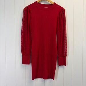 No Comment Festive Ribbed Knit Puff Polka Dot Sleeve Knit Dress Womens Small